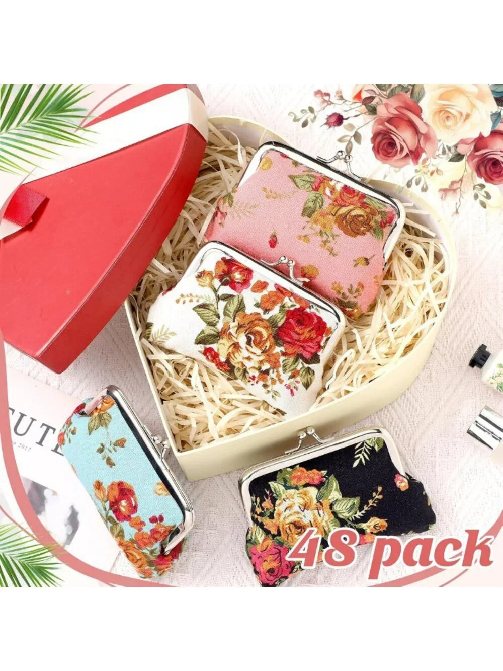 48 Vintage Floral Coin Purses Set - Cute Rose Design, Perfect for Gifts